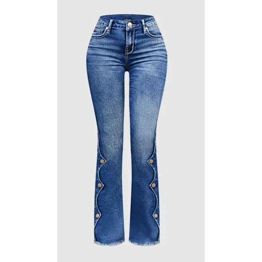 Flamingals Raw Hem Button Side Mid Rise Bootcut Stretch Denim Small cowgirl